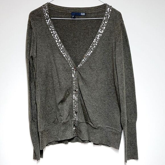 Eileen Fisher olive Green Embellished Button Front Cardigan Lairs Size Womens M - Picture 1 of 5